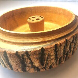 Live Edge Bark Wood Nut Bowl Set w/ 2 Nutcrackers & 6 Picks Circa 1960s